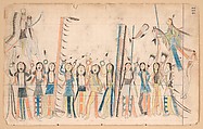 Warrior Society Dance, Attributed to Artist A (Henderson Ledger) (Native American, Arapaho, active ca. 1870–90)  , also identified as Horseback, Paper, graphite, colored pencil, Arapaho